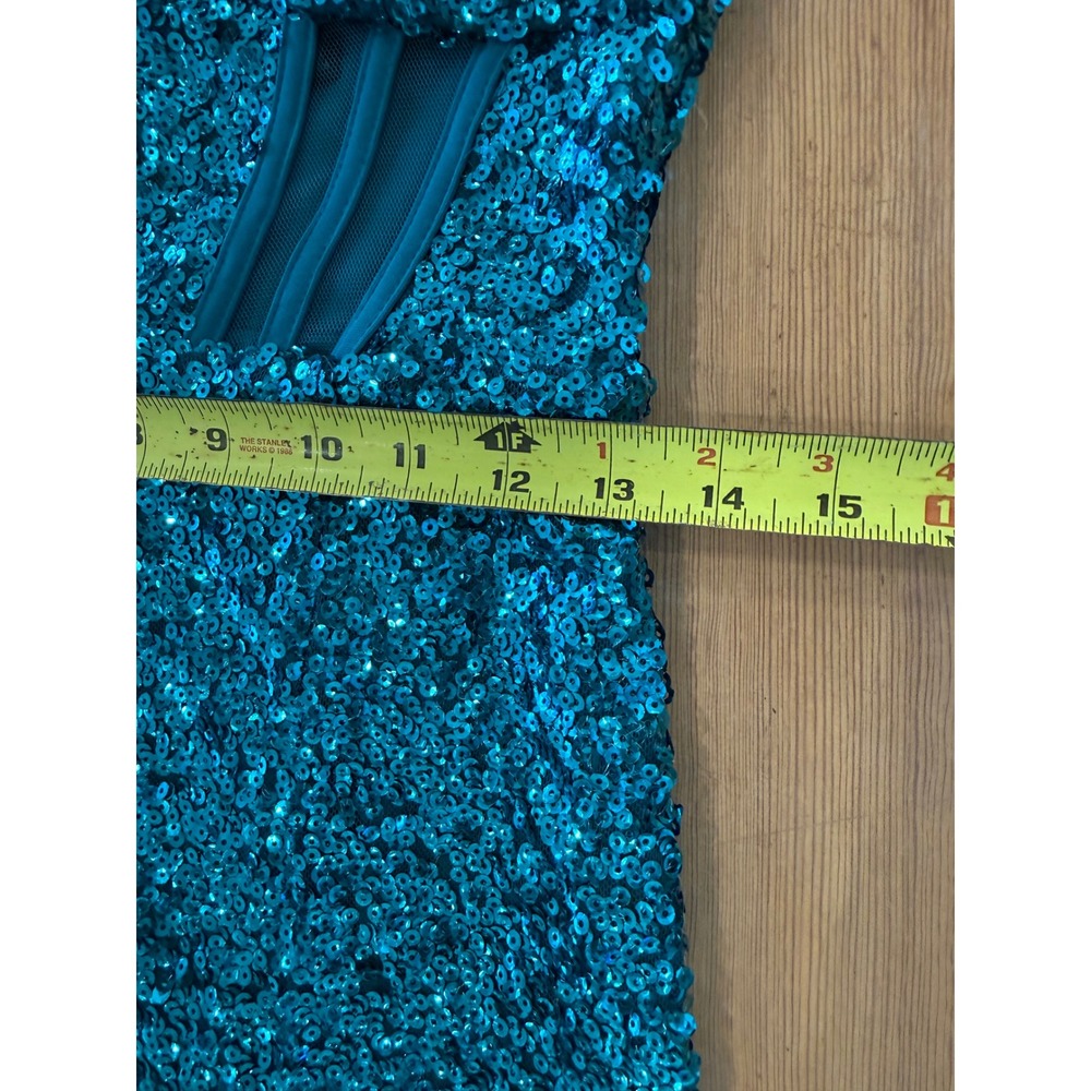 Morgan & Co Teal Sequin Mesh Corset Maxi Dress Formal Prom Gown Side Slit Size 5 - Picture 8 of 10